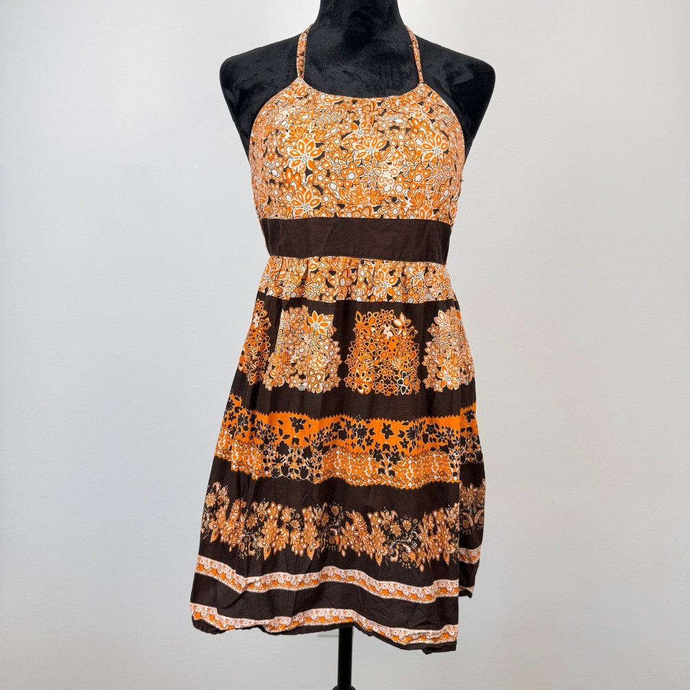 Y2K No Boundaries Floral Paisley Halter Dress Juniors Small Brown Orange Boho